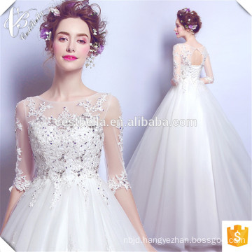 Chic Crystal Beading Lace Up Back Long Trian Customized Wholesale Brides Gowns Vestidos De Noiva Wedding Gown